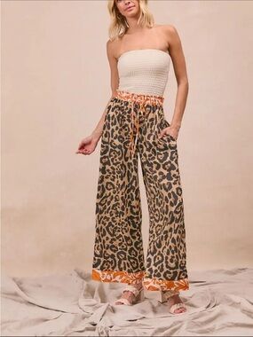 BiBi Leopard Print Wide-Leg Pants with Orange Contrast Hem